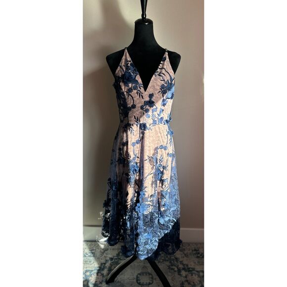 DRESS THE POPULATION Audrey Navy 3D Floral Applique Sheer A Line Dress Size L - Picture 1 of 10